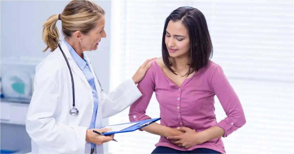 Woman experiencing abdominal pain and bloating , possible IBS or IBD symptoms